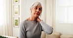 Home, discomfort and senior woman with neck pain from disc disease, chronic stiffness and massage. Retirement, pensioner and muscle tension in house from pinched nerve, osteoarthritis or inflammation