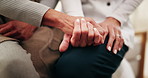 Holding hands, home and old woman with caregiver, comfort and wellness in health community. People, closeup and elderly person with support, retirement and help with compassion or medical service
