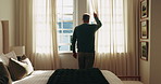Old man, morning and open curtain in bedroom, start day or check weather for sunshine. Back, senior person or window in home with reflection, outdoor view and weekend perspective for retirement break