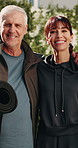 Happy, fitness and face of friends outdoor for yoga exercise, health and active together in morning. Smile, portrait and group of mature people embracing for pilates wellness, support or bonding.