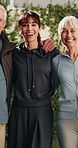 Smile, fitness and face of friends outdoor for yoga exercise, health and active together in morning. Happy, portrait and group of mature people embracing for pilates wellness, support or bonding.