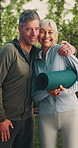 Face, hug and mature couple with yoga mat in nature for fitness, holistic health and smile together. Man, woman and yogi with exercise equipment for pilates support, wellness and embrace for care