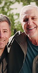 Senior, face and fitness with happy men in nature for health, exercise or wellness together. Portrait, elderly or active male people with smile for retirement, friendship or outdoor bonding in park