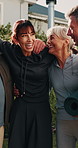 Smile, friends and hug in backyard for fitness, discussion and feedback on training session. Happy, mature people and laugh at house with embrace, funny conversation and pilates advice for wellness