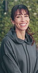 Mature, face and woman with smile in park for fitness, outdoor exercise or wellness together. Portrait, active or happy female person with pride for breathing activity, health or balance in nature
