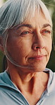 Senior woman, outdoor and mindfulness on break, peace and thinking after physical activity or memory. Retirement, fitness and old person with thoughts, breathing and contemplating on weekend at park
