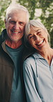 Fitness, face or old couple outdoor with love, bonding together or support in wellness activity. Smile, portrait or senior people with confidence, healthy relationship or workout hobby in retirement.