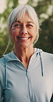 Senior, face and fitness with happy woman for exercise, health or wellness in outdoor park. Portrait, elderly or active female person with smile or pride for physical activity or retirement in nature