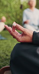 Woman, hands and meditation with zen in park for spiritual wellness, group session or stress relief. Female person, yoga or mindfulness with lotus pose or class for health or inner peace in nature