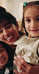 Face, child and selfie in home with family, photography and social media post for bonding together. Pov, mother and embrace at house with portrait, profile picture update and capture moment for kids