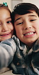 Face, children and selfie in home with smile, photography and social media post for bonding. Pov, portrait and embrace at house with siblings, profile picture update and capture moment for affection
