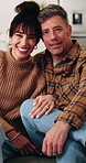 Love, face and mature couple in home with laugh, marriage commitment and healthy relationship. Affection portrait, happy people and relax in house for bonding together, weekend break and connection
