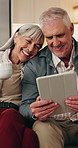 Coffee, tablet or old couple in home, smile or discussion for booking holiday with online guide. Tech, man and woman with drink at house for vacation planning, travel itinerary or happy in retirement