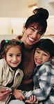Mom, face and happy children with hug in home for love, bonding or fun laughter together. Portrait, mother and kids with siblings, smile or embrace for family time, childhood care or support in house