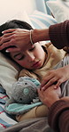 Mom, support and sick child in bedroom with comfort, conversation and monitor for fever symptoms. Woman, tired son talk and console in home with empathy, compassion or parent help for virus recovery.
