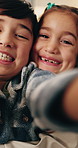 Face, children and selfie at house with smile, photography and social media post for bonding. Pov, portrait and embrace in home with siblings, profile picture update and capture moment for affection