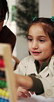 Homework, mom and child with abacus in home for mental math, problem solving and learning support. Homeschool, mother and kid with bead counting for number lesson, calculation practice or assistance
