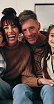 Face, parents and kids with laugh in home for bonding together, family connection and security. Love, funny mom and dad with children in apartment for healthy relationship, weekend break or affection