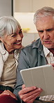 Talking, tablet or old couple in home, smile or review for booking holiday with online guide. Tech, man and woman with conversation at house for vacation planning, travel blog or happy in retirement