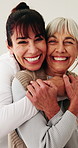 Face, caregiver and hug with old woman for trust, health and happiness with assisted living. People, retirement and embrace carer with smile, connection and medical service with support in homecare