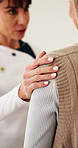 Hands, caregiver and old woman in home for comfort, support and consulting for diagnosis. Nurse, talk and compassion at house with senior person, assisted living and consultation for medical feedback
