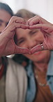 Lesbian couple, love and heart hands for support together, connection and commitment to partner. Romance gesture, LGBTQ or mature women with care, trust or loyalty for healthy relationship in house
