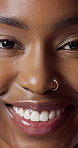 Face, smile and woman with makeup for beauty, natural glow and transformation for clear skin. Portrait, African person and cosmetics for facial change, makeover and grooming wellness for aesthetics
