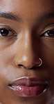 Face, closeup and woman with makeup for beauty, natural glow and transformation for clear skin. Portrait, African person and cosmetics for facial change, makeover and grooming wellness for aesthetics