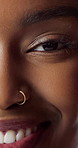 Face, happy and woman with makeup for beauty, natural glow and transformation for clear skin. Portrait, African person or closeup with cosmetics for facial change, makeover and grooming for aesthetic