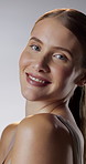 Face, skincare and smile with woman in studio for cosmetics, dermatology or hydration results. Aesthetic, beauty and natural with happy person on white background for facial grooming or wellness