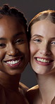 Face, happy women and friends in studio for skincare, natural glow and aesthetic on gray background. Portrait, smile and people together with beauty cosmetics, dermatology or skin health for wellness