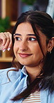 Design, smile and thinking with woman in office for inspiration, memories or satisfaction. Idea, future and vision with happy designer in creative workplace for small business development or solution