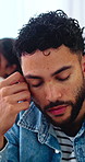 Stress, man and argument in home with conflict, disagreement and toxic relationship. Upset, person and ignoring partner at house for misunderstanding, dispute tension and separation drama in lounge