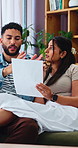 Document, couple and financial conversation on sofa at home, budget planning or review expenses. Paper, man and woman in lounge with bills, savings information or tax discussion with account fees