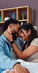 Relax, couple and happy with love in home for marriage connection, bonding together and trust. Forehead touch, people or romance in house with affection, commitment or loyalty in healthy relationship