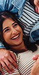 Tickle, happy couple and love on sofa with laugh, bonding and game in living room. Embrace, playful man and woman with communication in house for funny joke, relax or weekend in home with support