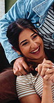 Laugh, happy couple and love on sofa with smile, bonding and game in living room. Embrace, playful man and woman with communication in house for funny joke, relax or weekend in home with support