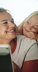 Happy child, hug and mom with tablet in house, entertainment and streaming movies with subscription. Scroll, online and woman with technology on break, love and watch film with kid and family in home