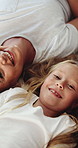 Parents, face and bonding with child in home, connection and happy with daughter on weekend or love. Family, above and relax with girl, break and people with smile for kid and childcare in house
