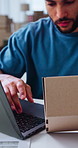 Man, typing and laptop with box for ecommerce, pricing and confirm order for shipping. Male person, pc and cardboard at house for invoice, procurement and inventory receipt with delivery information
