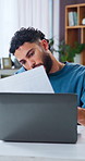 Remote work, phone call and man with paper in home for financial report, revenue feedback or review. Document, mobile and freelance advisor with laptop for negotiation update, investment or budget