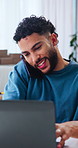 Phone call, ecommerce and man with laptop in small business for sale, delivery or happy. Tech, person and talk to contact for distribution schedule, shipping enquiry or logistics at startup office
