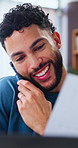 Remote work, phone call and man with document in home for financial report, revenue feedback or happy. Paperwork, mobile and freelance advisor with smile for negotiation update, investment or budget
