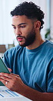 Freelance, finance and man with tablet in home office for financial analysis, revenue stats or scroll. Tech, reading and serious analyst at house with investment graphs, research and remote work