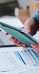 Hands, person and tablet at small business for ecommerce, research and confirm order for shipping. Entrepreneur, reading and tech at house for supply chain, inventory checklist and delivery schedule