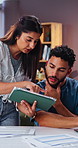 Tablet, discussion and couple for remote work with planning, financial advice and freelancer. Home office, account manager and people with tech for teamwork, graphs feedback and portfolio analysis