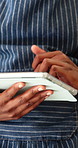 Waiter, hands and typing in restaurant with tablet, process online order or update menu on website. Server, person and browse in diner with tech, hospitality app or email notification for reservation