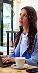 Cafe, laptop and business woman for ideas, online report and email marketing for media campaign. Coffee shop, thinking and person on computer for planning, communication strategy and remote work