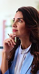 Thinking, smile and businesswoman in cafe with ideas, planning or decision on finance report. Choice, research and mature financial manager with freelance project for investment in coffee shop.