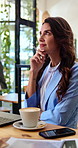 Thinking, laptop and businesswoman in cafe with decision, planning or ideas on finance report. Choice, computer and mature financial manager with freelance project for investment in coffee shop.